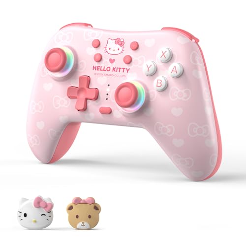 Kuitmor Hello Kitty Switch Pro Controller, Cute Hall Effect Wireless Gamepad No Drift for Switch 2/Switch/OLED/Lite, PC/Steam, Android, iOS, Bluetooth + Wired, Turbo, Back Buttons,6-Aixs Gyro, Wake-up, RGB (Pink, Without 2.4g Receiver) - color: Pink