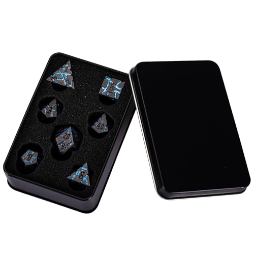 Cracked Rune Metal Dice Set for DND & RPG – Dark Fantasy Fractured Design, Premium Heavy Metal Polyhedral Dice with Deep Engraved Numbers, 7-Piece Set – Blue Arcane Vein - color: Pearl Gun Bright Blue