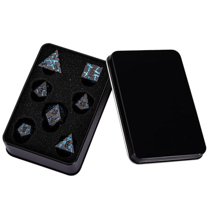 Cracked Rune Metal Dice Set for DND & RPG – Dark Fantasy Fractured Design, Premium Heavy Metal Polyhedral Dice with Deep Engraved Numbers, 7-Piece Set – Blue Arcane Vein - color: Pearl Gun Bright Blue