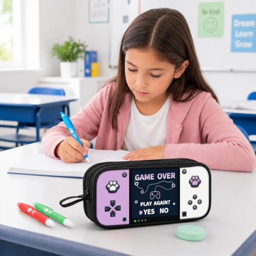 Game Controller Pencil Case for Boys Kids Teens, Large Capacity Pencil Pouch with 3 Compartments, 7 Pockets and Label Pocket for School College Office Travel (Purple & White) - color: Purple&White