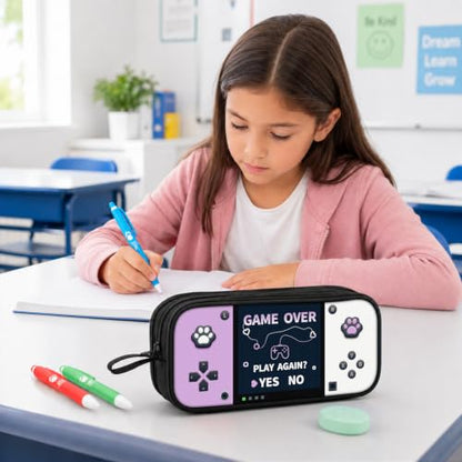 Game Controller Pencil Case for Boys Kids Teens, Large Capacity Pencil Pouch with 3 Compartments, 7 Pockets and Label Pocket for School College Office Travel (Purple & White) - color: Purple&White