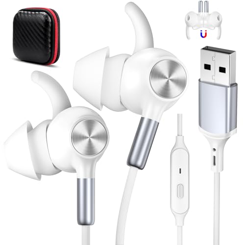 USB Earbuds with Microphone for PC Laptop,USB A Headphones,White | Wired with Mic& Earfins Hook for Computer Office Work,7.5ft,Noise Canceling Stereo Headset for Dell/HP/Chromebook Game School - color: White