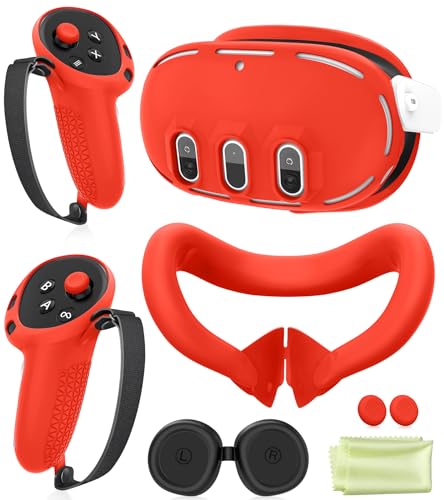 Silicone Cover Set Compatible with Meta Oculus/Quest 3, VR Accessories Protective Cover Includes Controller Grips, Front Shell Headset Cover and Face Cover, Not Fit Quest 3S(Red) - color: Red