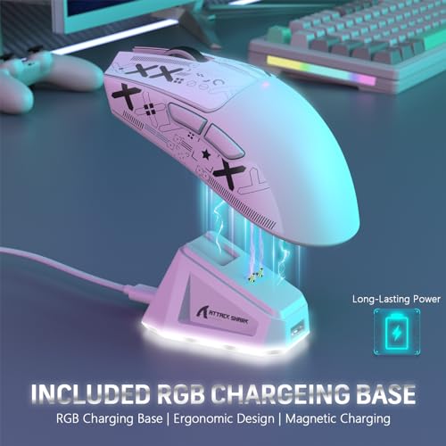 ATTACK SHARK X11 59g Lightweight Wireless Gaming Mouse,RGB Magnetic Charging Dock,Tri-Mode-BT/2.4G Wireless/Wired Mouse with Grip Tape,22000 DPI,5 Programmable Buttons for Pc/Mac(White&Sticker) - color: White & Griptape