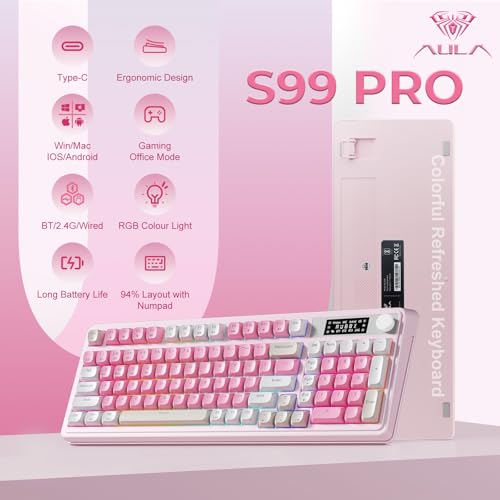 AULA S99pro Wireless Pink Keyboard,Full Size Creamy Gaming Keyboard | Tri-Mode Bluetooth/wireless/2.4GHz,RGB Backlit,Media Knob Programmable ABS Keycaps&Screen,Membrane Keyboard with Number Pad - color: White Pink