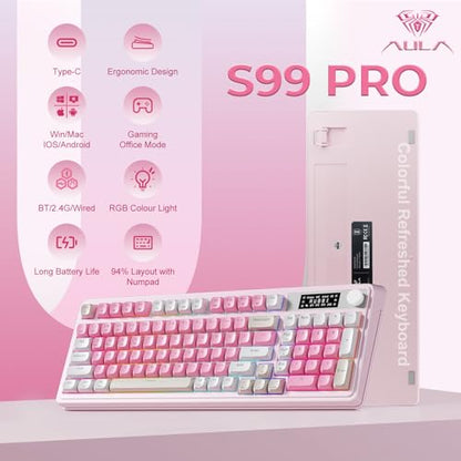 AULA S99pro Wireless Pink Keyboard,Full Size Creamy Gaming Keyboard | Tri-Mode Bluetooth/wireless/2.4GHz,RGB Backlit,Media Knob Programmable ABS Keycaps&Screen,Membrane Keyboard with Number Pad - color: White Pink