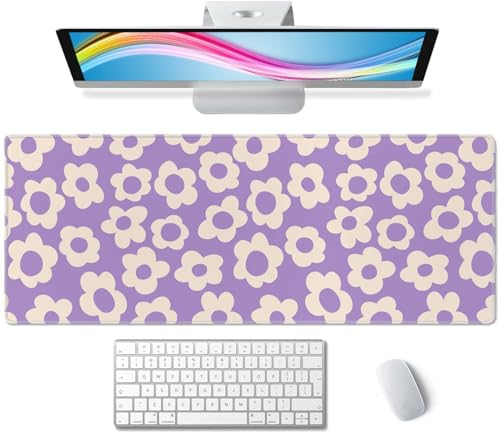 Gaming Large Mouse Pad with Stitched Edges, Vintage Groovy Flowers Purple Desk Mat, Extended Keyboard Pad, Non-Slip Rubber Base Desk Pad for Keyboard and Mouse, 31.5X11.8 inch - color: Vintage Groovy Flowers Purple