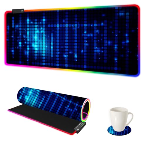 ARTSO Blue RGB Gaming Mouse Pad, XXL Mousepad Non-Slip Rubber Base, Cool Computer Desk Pad Keyboard Mat LED Glowing Square Extended Mouse Pad for Gamer - color: Blue Glowing Square