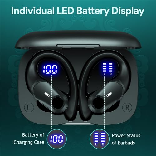 Active Noise Cancelling Ear Buds Wireless Earbuds 80H Playtime Bluetooth Headphones with LED Display Case, Hi-Res Audio Clear Calls Earphones with Over Ear Hooks for Running Gym Workout Travel Black - color: Black