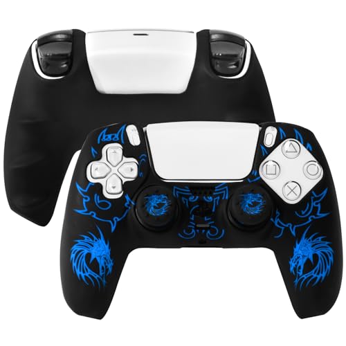 PS5 Controller Silicone Cover with Laser-Engraved Dragon Design - Non-Slip Grip Skin + 2 Dragon Thumbstick Caps | Stylish Protective Case for PlayStation 5 Controller - color: Lightning Dragon Blue
