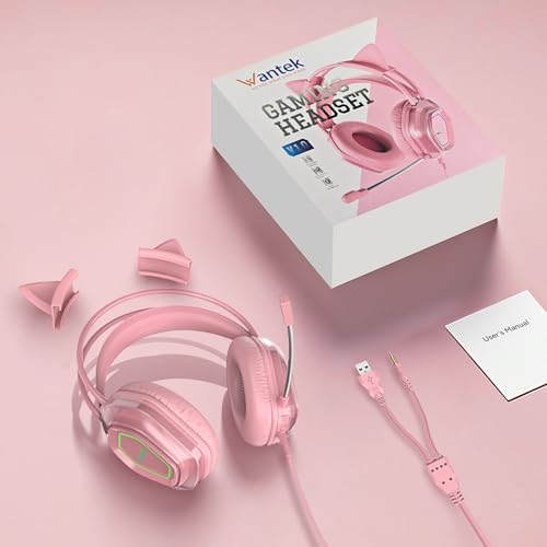 Wantek Cute Cat-Ear Gaming Headset - 50mm Drivers, Noise-Cancelling Mic, 3.5mm Wired Stylish & Lightweight Design (Pink) - color: Pink