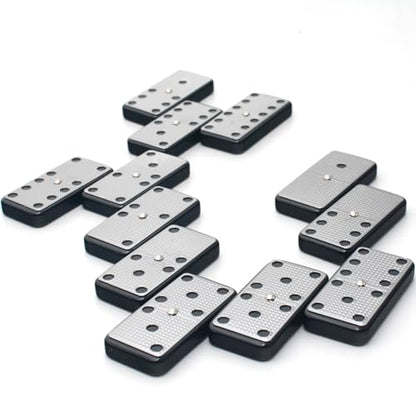 Bucher&Rossini Metal Surface Dominoes Set Double 6 - Classic Black Domino's Game Set with Silver Metal Surface Dominos Set for Adults and Kids Ideal Gift for Domino Players or Family Game Night - color: Silver New - Double 6