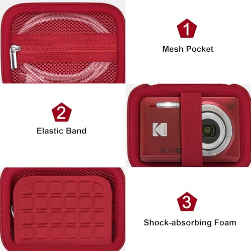 Canboc Hard Case for KODAK PIXPRO FZ55/ FZ45/ FZ43/ FZ53 16MP Digital Camera, Vlogging Camera Bag, Zipper Mesh Pocket fit Cable, SD Card, Red (Case Only) - color: T-Red