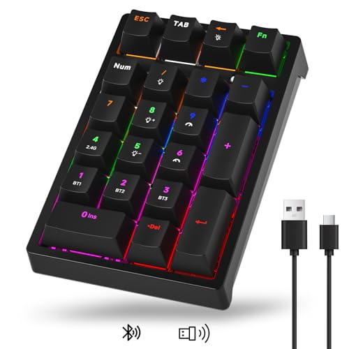 Wireless Numeric Keyboard | Mechanical Number Pad with RGB LED Backlit Wireless 2.4G/Bluetooth 5.0/Wired USB-C Rechargeable Numeric Keypad for Win/Mac - color: Black