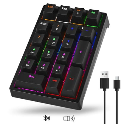Wireless Numeric Keyboard | Mechanical Number Pad with RGB LED Backlit Wireless 2.4G/Bluetooth 5.0/Wired USB-C Rechargeable Numeric Keypad for Win/Mac - color: Black