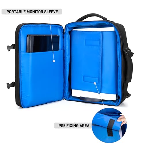 PGmoon Travel Backpack Compatible with PS5/PS5 Slim/PS5 Pro Console | Protective Carrying Case Bag for Controllers, 15.6" Laptop, Game Discs (Patent Design)