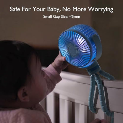 Momcozy 8000mAh Portable Stroller Fan, 27H Ultra-long Battery Life Detachable 4 Speed 360°Rotate LED Night Light with 2 Modes, USB Rechargeable Handheld Cooling Fan for Travel/Car Seat/Bedroom - color: Blue