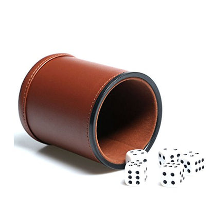 Leather Dice Cup Set Felt Lining Quiet Shaker with 5 Dot Dices for Farkle Yahtzee Games,Brown - color: Brown