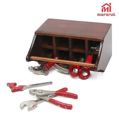 Miniature Tool Box Dollhouse 1/12 Scale Kit Set, 8Pcs Metal Working Tools with Mini Wood Toolbox, Doll Garage Accessories, Tiny Model for House Building, Garden Outdoor Repair, Rustic Farm Crafts