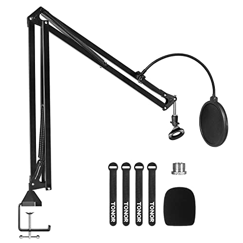 TONOR Microphone Arm Stand, Adjustable Suspension Boom Scissor Mic Stand with Pop Filter, 3/8" to 5/8" Adapter, Excellent Compatibility, Mic Clip, Upgraded Heavy Duty Clamp, 47 cm + 47cm, T30 - size: 18.5''+18.5''