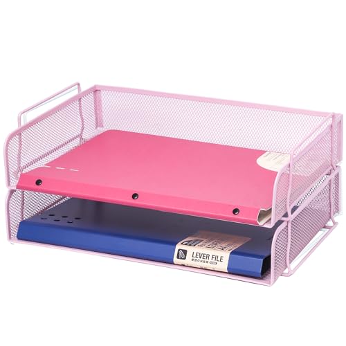 EASEPRES 2 Pack Stackable Desk Paper Tray, Metal Mesh Desktop Document Letter File Organizer for Office Home School, 13.5'' L x 9.75'' W x 5.5'' H, Pink - color: 2 Pack Pink