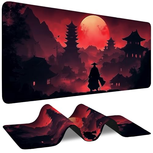Large Mouse Pad Samurai Blood Moon Dusk Waterproof Extra Large Mousepad with Stitched Edges Non-Slip Rubber Base Computer Protector Desk Pad for School Office Home 35.4"X 15.7" - color: Blood Moon Cherry Blossom