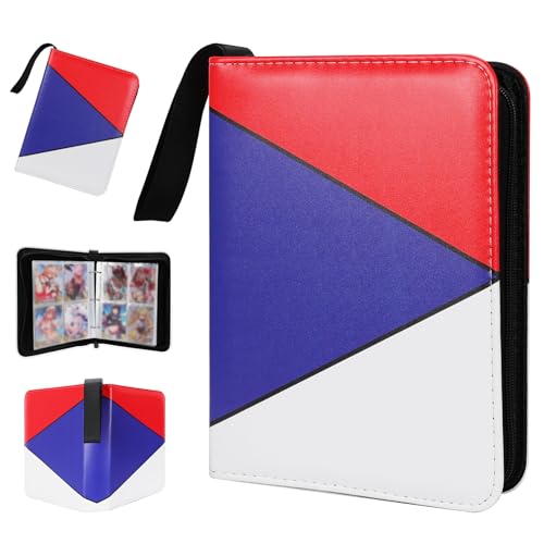 Collectible Trading Card Albums,4 Pocket Card Binder, 400 Double Sided Pocket PU Premium Zip Trading Collection Binderwith 50 Removable Sleeves, Card Folder forTCG, Sports Cards (Red& Blue & white) - color: Red& Blue & white
