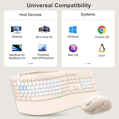 Wireless Keyboard and Mouse Combo, Ergonomic Wave Keys(Milk Tea-B) | 2.4G Full Size Keyboard with Wrist Rest, Phone Holder, 3-Level DPI Silent Mouse with 6-Buttons,for Windows/Mac OS/Laptop - color: Milk Tea-B
