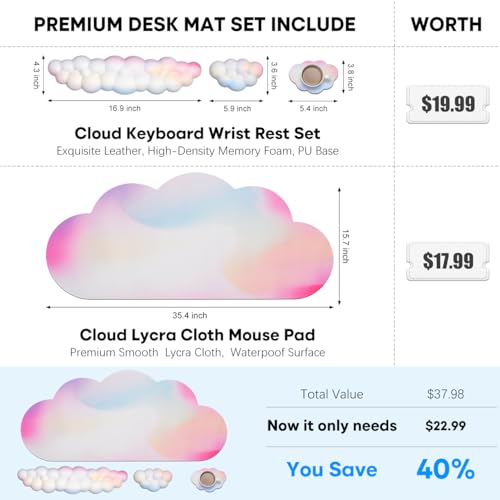 JIKIOU Ergonomic Keyboard Wrist Rest &Large Mouse Pad&Mouse Wrist & Cup Pad | Cute Cloud Shape, 4 in 1 Memory Foam Desk Mat, Ultra-smooth Surface, Savior of Wrist Pain, Anti-slip Rubber Base, Waterproof - color: 01Rainbow