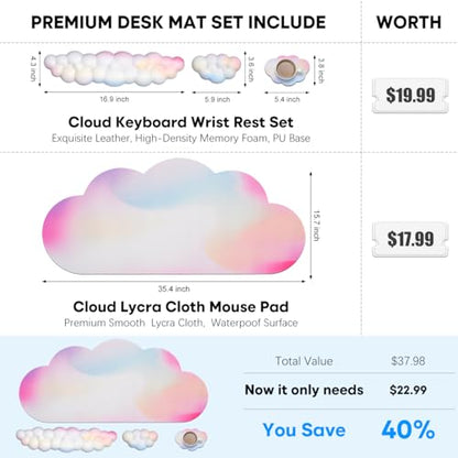 JIKIOU Ergonomic Keyboard Wrist Rest &Large Mouse Pad&Mouse Wrist & Cup Pad | Cute Cloud Shape, 4 in 1 Memory Foam Desk Mat, Ultra-smooth Surface, Savior of Wrist Pain, Anti-slip Rubber Base, Waterproof - color: 01Rainbow