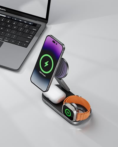 3-in-1 Charging Station for Apple Device, Qi2 25W Certified Magnetic Wireless Foldable Fast Charger Stand Compatible with MagSafe for iPhone 17e/17/16/15/14/13/12/Air Series, Apple Watch & AirPods - color: MatteBlack