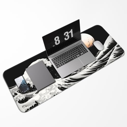 Gaming Mouse Pad, Japanese Mouse Pad, Non-Slip Rubber Base, for Laptop, Office and Home, 31.5x11.8 Inch Desktop Waterproof Desk Pad, Ocean Wave Anime Black Gaming - color: Kanagawa Kuroshio
