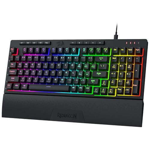 Redragon K515 Shiva Wired RGB Membrane Gaming Keyboard, 98 Keys Mechanical-Feel Keyboard w/Smooth Linear Switch, On-Board Macro & Dedicated Multimedia Keys, Detachable Wrist Rest, Software Supported - color: Black, size: 98 Keys