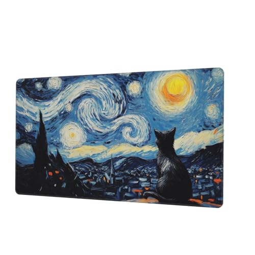 MTG Playmat Starry Night Cat Painting TCG Play Mat Original Hand-Painted Smooth Surface Stitched Edges Non-Slip Rubber Base for Trading Card Games Board Games 23.5x13.6in