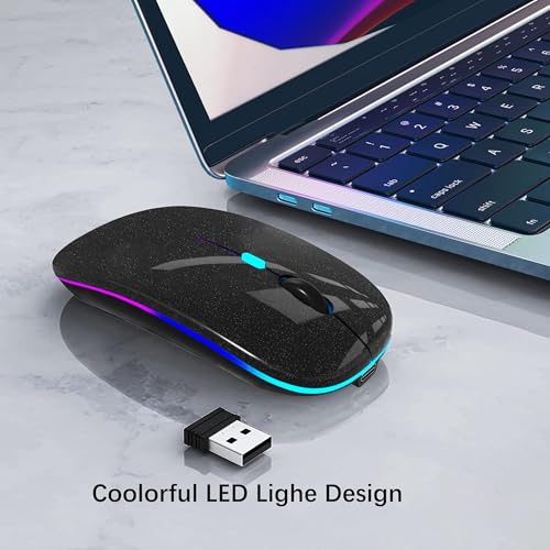WREANU Wireless Bluetooth Mouse Rechargeable Laptop Mice with LED Lights Silent Slim Use(BT5.2 and 2.4G Portable USB Receiver)Dual Mode Computer Mouse for Laptop/iPad/Tablet/Apple/PC/Mac(Black Bright) - color: Black Bright