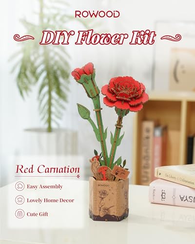 rowood 3D Puzzle Wooden Flower,DIY Artifical Flower Building Set Craft Kit for Women,Mother's Day/Valentine's Day/Teacher's Day/Thanksgiving/Christmas/Birthday Gift for Mom/Grandma-Red Carnation - style: Red Carnation