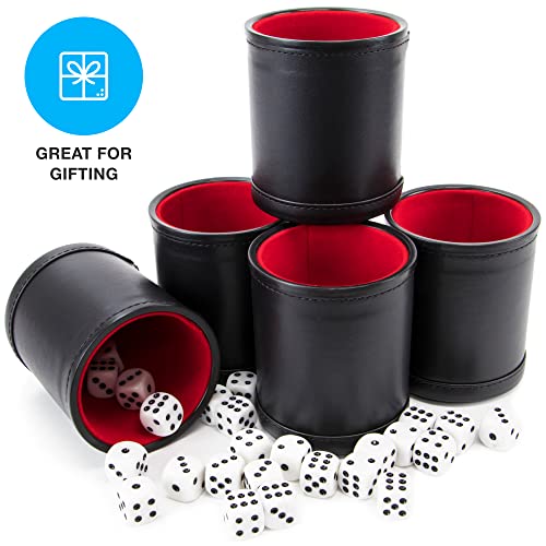 Brybelly Dice Set with Dice Shaker Cup - Perfect for Casino Dice Game for Family Leather - Poker Dice Shaker - 5 Red Lined Dice Cups and 25 Dice Sets - style: 5 Red Cups & 25 White Dice
