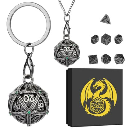 Mini DND Dice Set with Spherical Hollow D20 Metal Case Portable Keychain Necklace, Tiny 7pcs Polyhedral D&D Dice Set, DND Gifts with Gift Box, D&D Accessories for RPG（Green Diamond, Silver） - color: Dark Silver