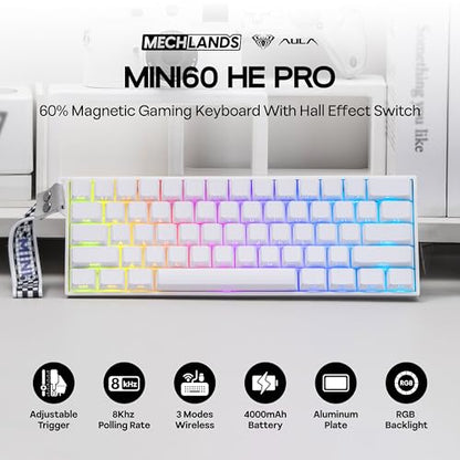 MechLands Aula Mini60 HE PRO Wireless Hall Effect Gaming Keyboard, 4000mAh | Magnetic Keyboard with 8K Polling, Fast Trigger, SOCD & DKS, Adjustable Actuation, RGB Backlit, Sound Dampening (White) - color: White