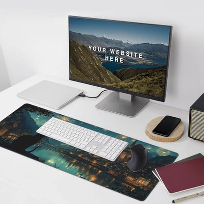 Castle Fireworks XXL Gaming Mouse Pad, Fantasy Night Sky Design with Cat Silhouette, Extended Desk Mat, Non-Slip Base, Stitched Edges 35.4" x 15.7" - color: Black Cat Castle Night View