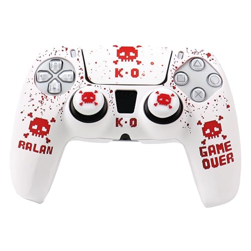 Pixelated Skull Controller Skin Cover Compatible with PS5/Playstation 5 Controller, RALAN Protector Case Customised Thumb Grip - color: Pixelated Skull white Red