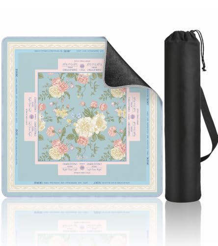Travel Mahjong Mat Table with Rules Mah Jong Mat Neoprene Chinoiserie Floral Majong Learning Mat Instructions Mahjong Gifts Women Unique Non-Slip Rubber Pad, 21" x 21", Blue Pink - color: Blue Flower, size: 21" x 21"