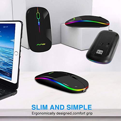 MMK Wireless Bluetooth Mouse, 2.4G Rechargeable Optical Mouse for Laptop | LED Slim Dual Mode (Bluetooth 5.0 and 2.4G) Wireless Mouse for Laptop, PC, Mac OS, Android, Windows (Black) - color: Black