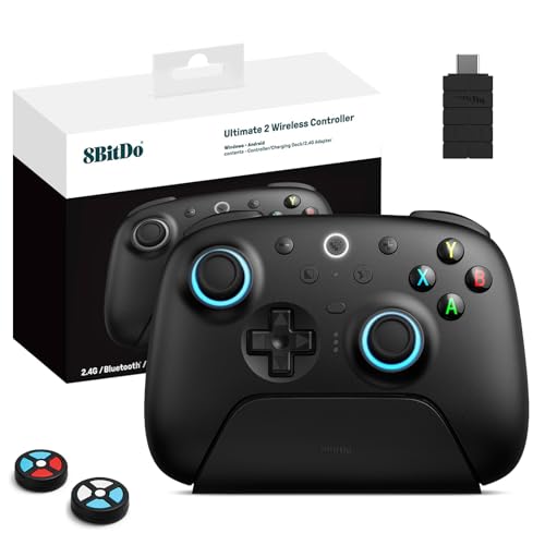 8Bitdo Ultimate 2 Wireless 2.4G Controller (Black) | For Windows PC, Apple, Steam & Android, TMR Joystick, Star-Ring RGB Lights, Adjustable Trigger Locks, Charging Dock Included - color: Black
