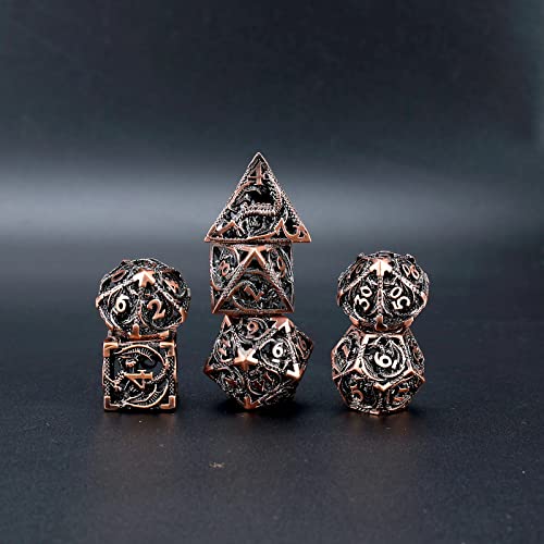 Hollow Metal DND Dice 7Pcs Set for Dungeons and Dragons RPG MTG | D&D Pathfinder Shadowrun and Math Teaching,Large D4,D6,D8,D10,D12,D20 freaky multi sided Dice Set D and D Dice with Gift Box - color: Red Copper