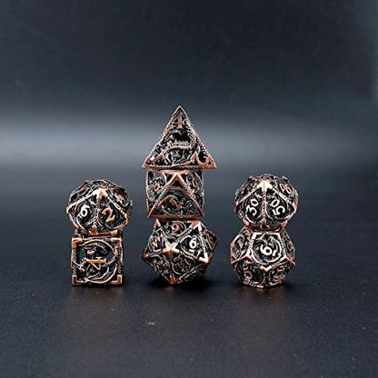 Hollow Metal DND Dice 7Pcs Set for Dungeons and Dragons RPG MTG | D&D Pathfinder Shadowrun and Math Teaching,Large D4,D6,D8,D10,D12,D20 freaky multi sided Dice Set D and D Dice with Gift Box - color: Red Copper
