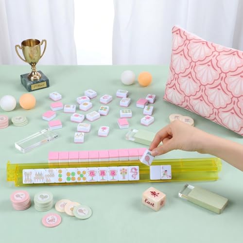 Cuffbow Tennis Themed Engraved American Mahjong Tile Set 160 Quality White Tiles (1.2 Inch, Tiles Only) Mini American Mahjong Game Set for Ideal Gifts, No Additional Accessories(Tennis, Pink) - color: Pink, style: Tennis