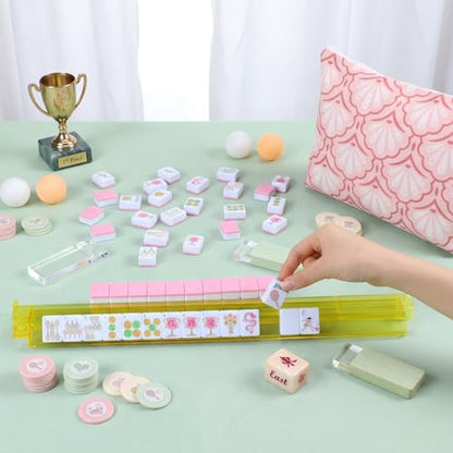 Cuffbow Tennis Themed Engraved American Mahjong Tile Set 160 Quality White Tiles (1.2 Inch, Tiles Only) Mini American Mahjong Game Set for Ideal Gifts, No Additional Accessories(Tennis, Pink) - color: Pink, style: Tennis
