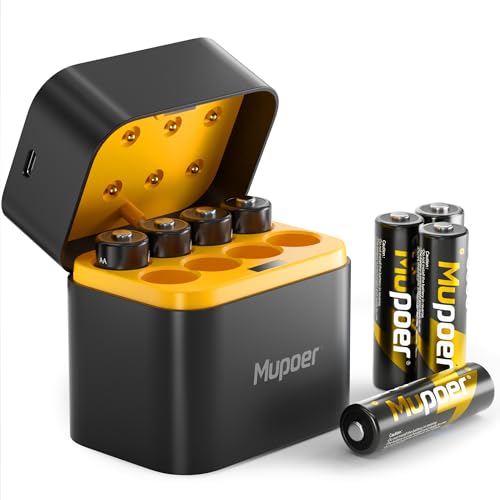Mupoer Rechargeable Lithium Batteries AA 8-Pack with Charger, 1.5V Double A Batteries 3600mWh, Long Lasting Rechargeable AA Li-ion Battery with Integrated Charging Storage Box - Golden - size: 3600mWh 8AA