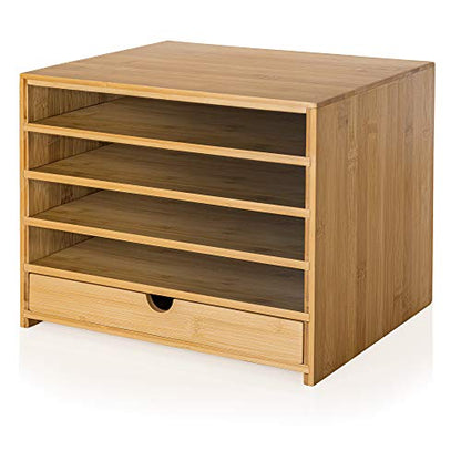 Prosumer's Choice Bamboo Four Cubby Paper Letter Tray Organizer with Single Pull-Out Drawer for Home and Office | Desktop Organizer with Drawer - Natural Bamboo Color